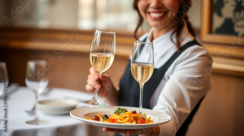 Waitress with dish of champagne glasses