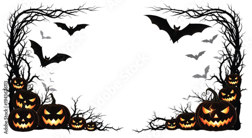 Haunted Night Graphic Design Featuring Glowing Jack-o'-lanterns, Silhouetted Bats, and Twisted Tree Branches, Ideal for Festive Seasonal Decor and Spooky Event Invitations