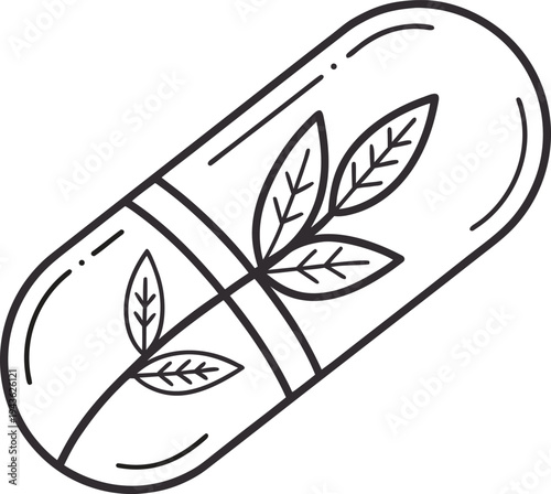 Herbal Medicine Capsule Line Icon – Natural Supplement and Organic Pharmacy Vector