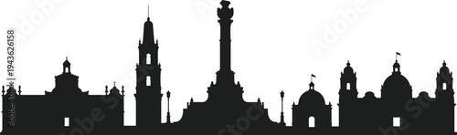 Black silhouette Mexico City skyline with Angel of Independence monument and historic architecture isolated on light background, urban landmark panorama illustration