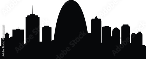 Black silhouette city skyline with iconic arch landmark isolated on light background, modern urban landscape panorama illustration for travel, architecture, and tourism design