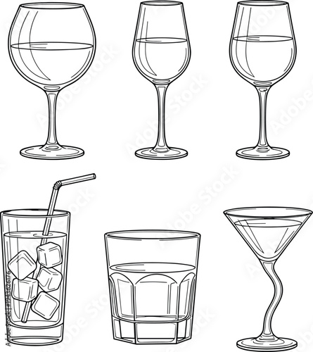 Wine and cocktail glassware line art set, martini whiskey highball drink glasses collection, bar beverage vector illustration