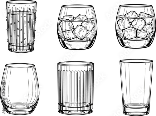 Whiskey and drinking glass line art set, rocks glass with ice cubes collection, bar beverage drinkware outline vector