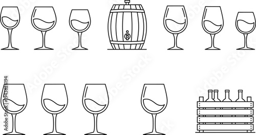 Wine glass and barrel line icons set, winery drinkware collection, vineyard alcohol beverage outline vector illustration