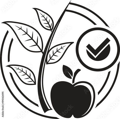 Organic Healthy Food Check Mark Line Icon – Natural Nutrition Apple and Leaf Vector