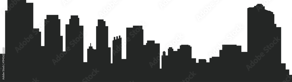 Obraz premium Black silhouette of generic city skyline with tall skyscrapers and urban architecture, isolated on white background, stylized metropolitan horizon illustration for design, architectural projects