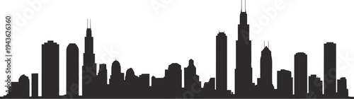Black silhouette of Chicago city skyline with Willis Tower skyscraper and urban architecture, isolated on white background, iconic metropolitan landmark illustration for design and branding projects