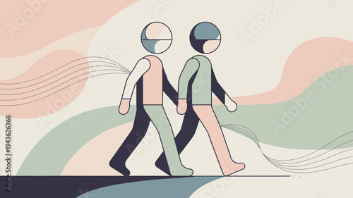 Two people walking together in a stylized abstract background with colorful waves and lines conveying friendship and harmony
