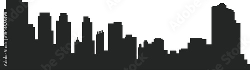 Black silhouette of generic city skyline with tall skyscrapers and urban architecture, isolated on white background, stylized metropolitan horizon illustration for design, architectural projects