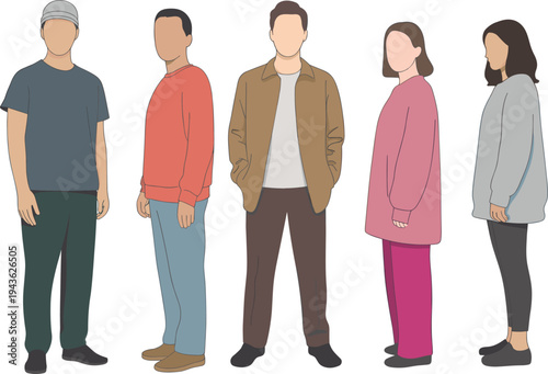 Set of diverse young people and men wearing casual urban streetwear outfits in flat vector illustration and black line art style on white background