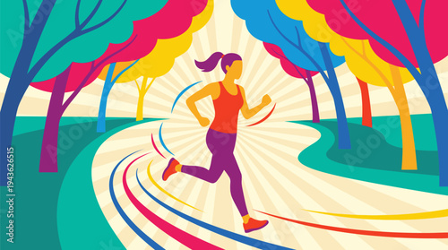 Woman Running in Colorful Park Scene Illustration.