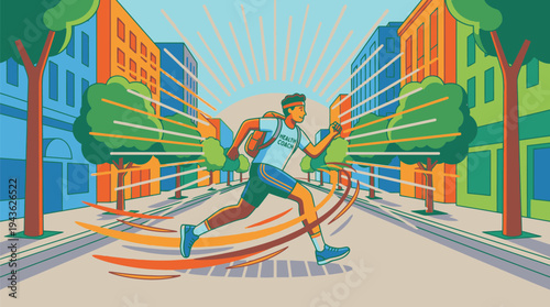 Dynamic Running Man Illustration in Urban Environment.