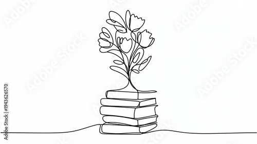 Stack of books with a flower growing out of it symbolizing knowledge and growth in a minimalist line art style
