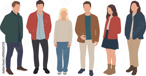 Vector illustration set of diverse people standing together wearing colorful casual seasonal outfits and smart business attire isolated on white background for lifestyle design