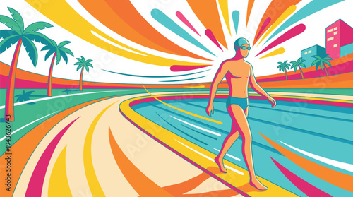 Colorful Swimming Pool Scene with Person.