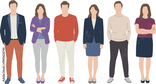 Vector illustration set of diverse people standing together wearing colorful casual seasonal outfits and smart business attire isolated on white background for lifestyle design