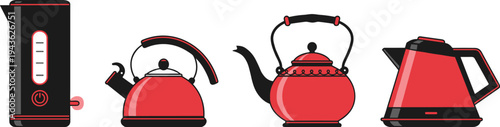 Four distinct kettle designs including electric, stovetop, ornate teapot-style, and modern sleek electric kettle showcasing functional diversity