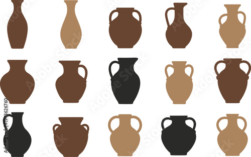 Grid of sixteen stylized ancient pottery silhouettes in earthy brown, tan, black tones, showcasing diverse amphora vessel shapes and designs