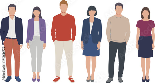 Vector illustration set of diverse people standing together wearing colorful casual seasonal outfits and smart business attire isolated on white background for lifestyle design