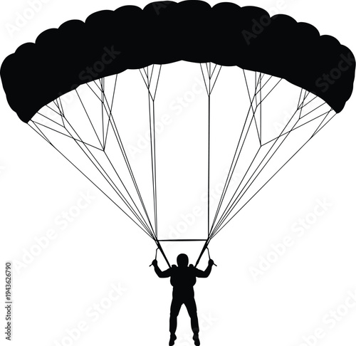 Silhouette of parachutist descending with fully deployed canopy, suspension lines visible, holding control handles, representing aerial maneuver and safe descent