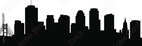 Boston skyline silhouette featuring modern skyscrapers and Zakim Bridge, famous Massachusetts cityscape landmark illustration representing urban Boston architecture isolated on white background