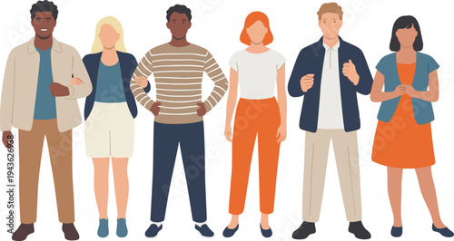 Vector illustration set of diverse people standing together wearing colorful casual summer outfits and smart attire isolated on white background for lifestyle fashion design