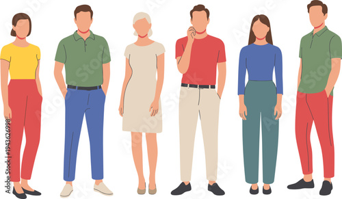 Vector illustration set of diverse people standing together wearing colorful casual summer outfits and smart attire isolated on white background for lifestyle fashion design