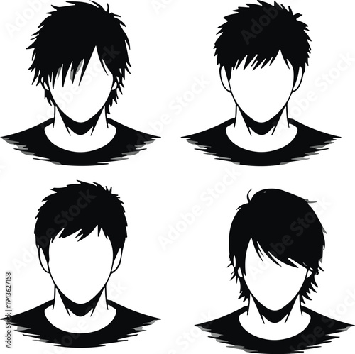Male hairstyle illustration set, modern haircut icons, spiky tousled layered fringe, fashion vector, grooming design, barber art, style silhouette