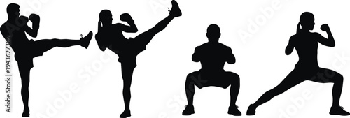 Martial arts silhouettes, fitness icons, exercise vector, sports clipart, training design, combat motif, workout symbol, athlete illustration, strength graphic, concept art