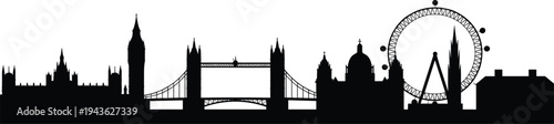London city skyline silhouette with Tower Bridge, Big Ben and London Eye, iconic England landmarks urban cityscape vector illustration isolated on light background