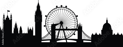 London skyline silhouette with famous landmarks Big Ben, London Eye, Tower Bridge and St Pauls Cathedral isolated on white cityscape illustration travel concept