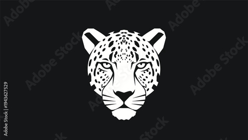 Striking White Cheetah Face Illustration on Black Background.