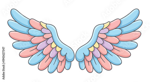 A colorful vector illustration of a dove of peace with angel wings and a caring human hand symbol representing teamwork and help
