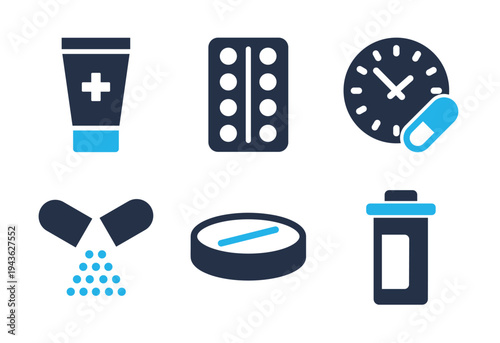 Pharmaceutical and Medication Types icon set. Solid glyph series icons