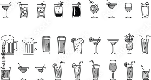 Cocktail and beverage glass icons set, martini beer wine cocktail drinks collection, minimalist bar drinkware outline vector illustration