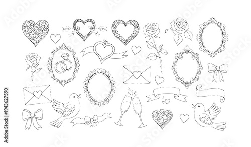 Romantic rococo style Valentine and wedding doodle icons hand drawn ink line art vector set