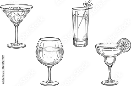 cocktail glasses, drinks, beverage, martini, margarita, alcohol, bar, refreshment, iced, glassware, outline, lineart, illustration, set, barware, drink, summer, mixology, sketch, collection