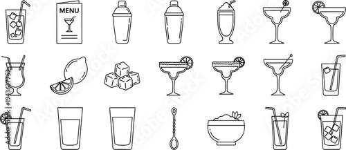 cocktail icons, drinks, beverage, margarita, lemon, ice, shaker, bar, mixology, alcohol, glassware, outline, lineart, illustration, set, menu, barware, refreshment, collection, design