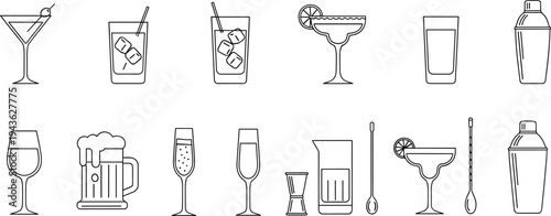 cocktail icons, drink, beverage, bar, alcohol, martini, margarita, beer, wine, shaker, glassware, mixology, outline, lineart, illustration, set, collection, barware, menu, design