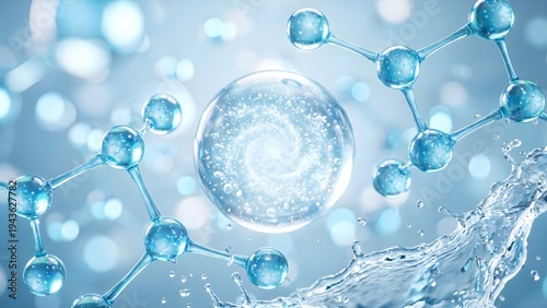 Hyaluronic acid serum for skin care, molecule, and water splash, 3D rendering.