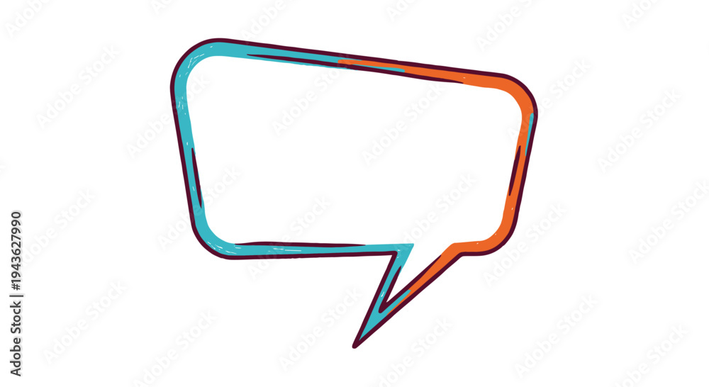 Fototapeta premium Hand drawn speech bubble with blue and orange outlines and textured edges for creative communication and messaging.