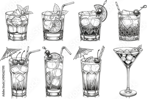 cocktail, drinks, glassware, bar, alcohol, beverage, mixology, garnish, ice, martini, mojito, vector, illustration, set, drinkware, refreshment, party, menu, isolated, collection