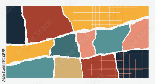 Creative abstract collage of torn paper pieces in earthy tones like mustard teal and terracotta with line patterns.