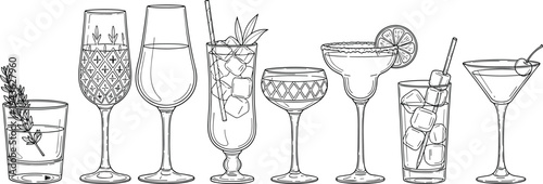 cocktail, drinks, glassware, collection, outline, bar, beverages, alcohol, martini, margarita, whiskey, wine, vector, illustration, set, drinkware, barware, restaurant, menu, isolated