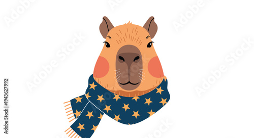 Cute capybara character wearing a dark blue scarf with yellow star patterns illustrated on a white background.