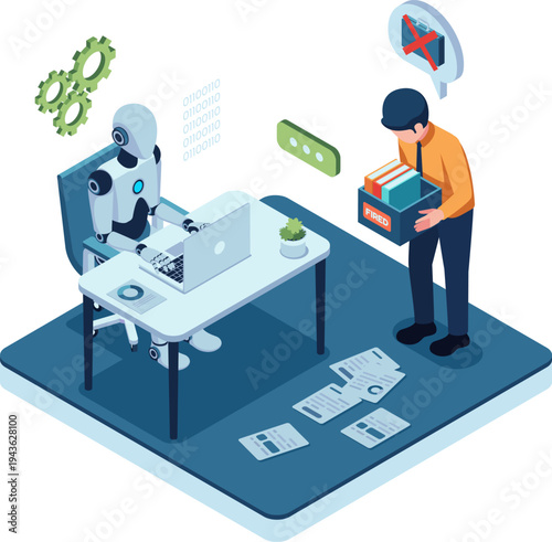 Isometric AI Robot Replacing Human Workers in The Workplace