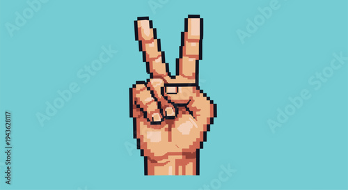Pixel art illustration of a human hand showing the peace sign with two fingers raised against a teal background.