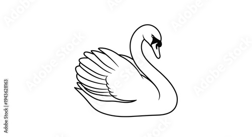 Graceful black and white line drawing of a swan swimming peacefully with its neck curved and feathers detailed.