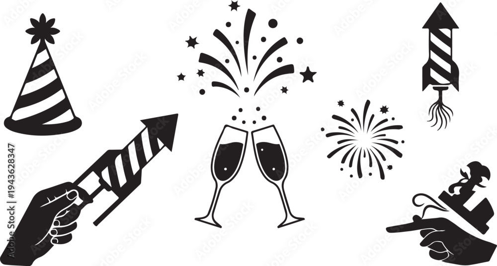 Fototapeta premium New Year's Eve Celebration Icons and Party Symbols Black