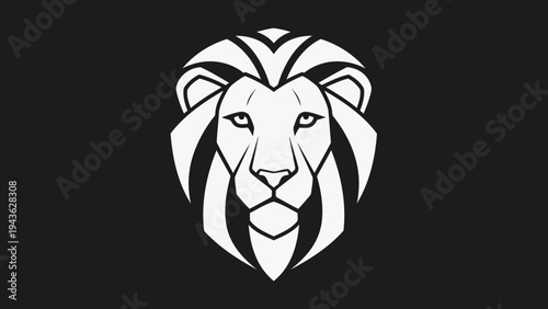 Stylized Geometric Lion Head Emblem on Black Background.
